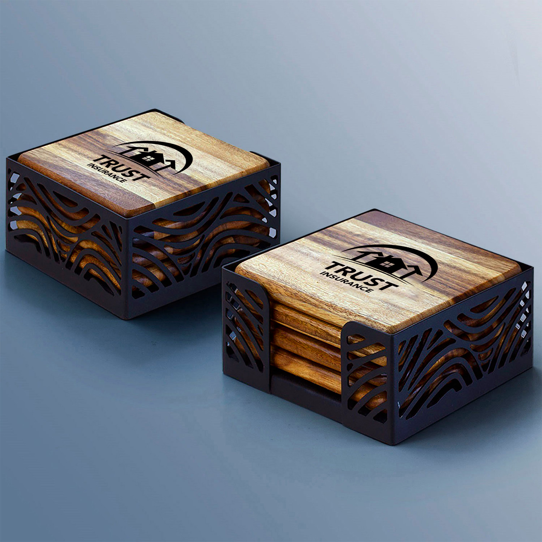 4 Pc. Acacia Wood Square Coaster Set with Black Metal Stand 8