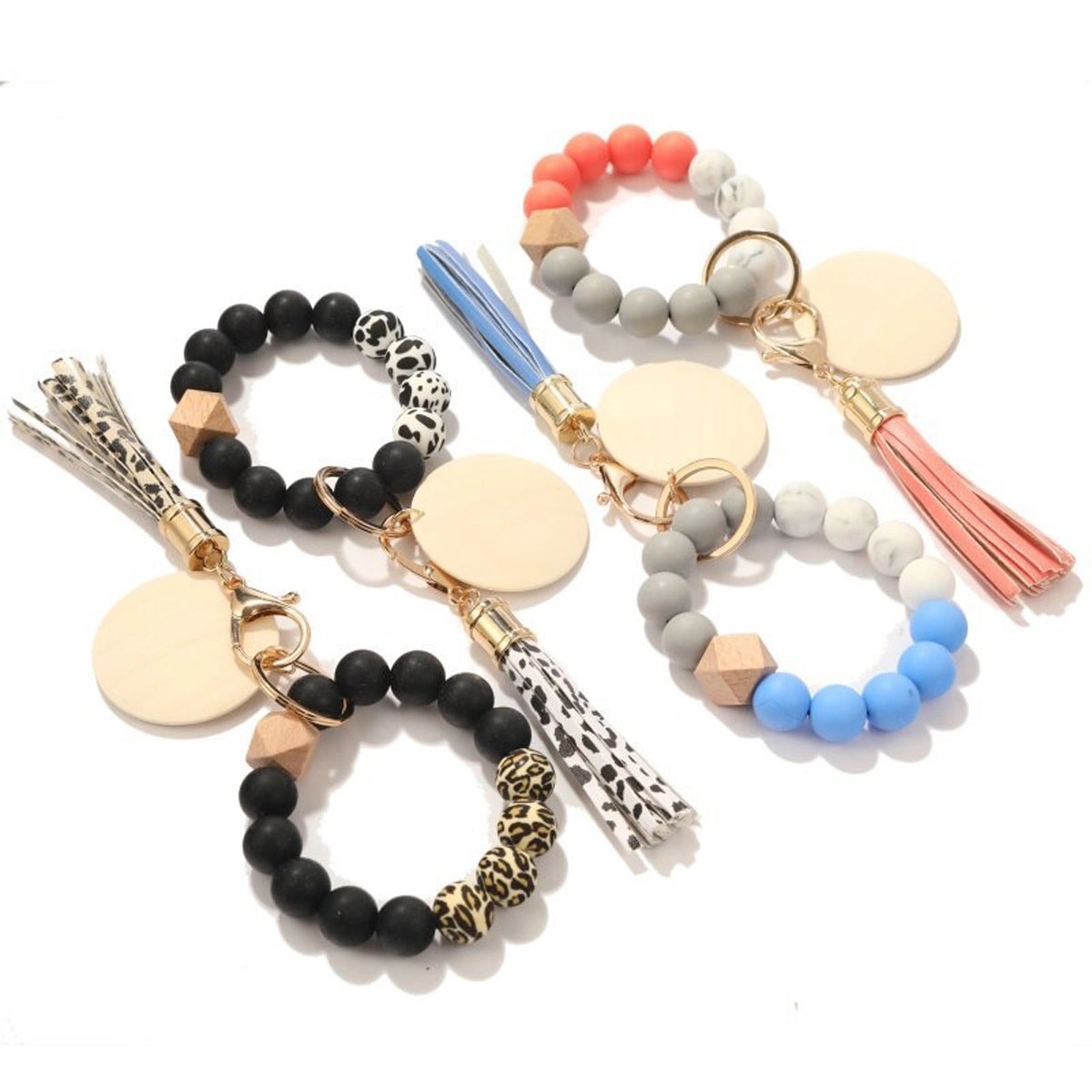 Silicone Beads Wood Chip Bracelet Keychain 6