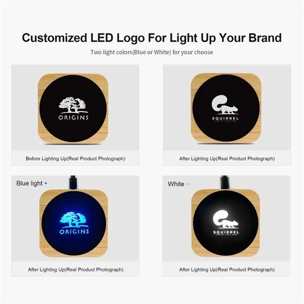 15W Fast Wireless Charger Nature Bamboo Light Up Your Logo 1