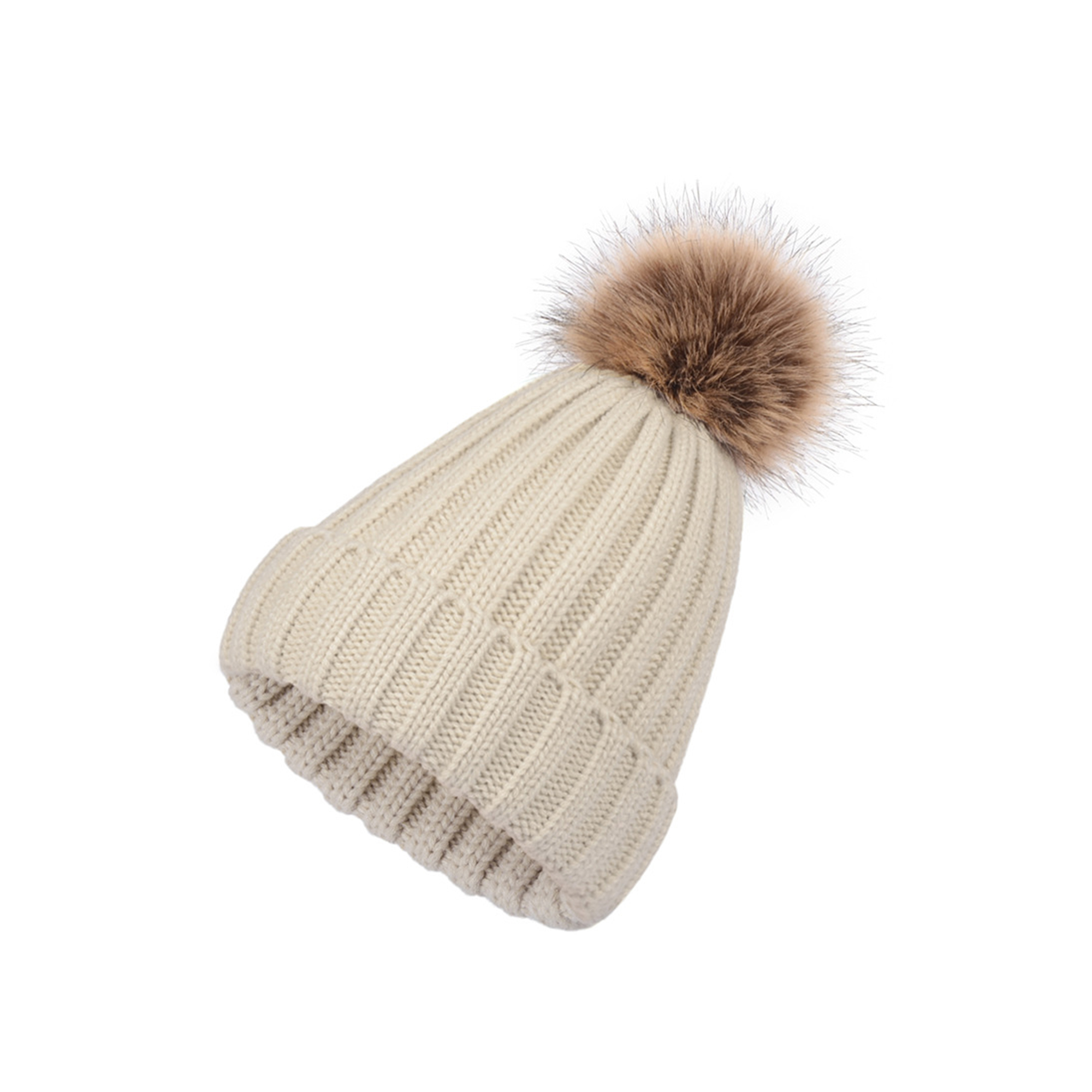 Acrylic Knit Winter Hat With Removable Faux Fur Pom 11