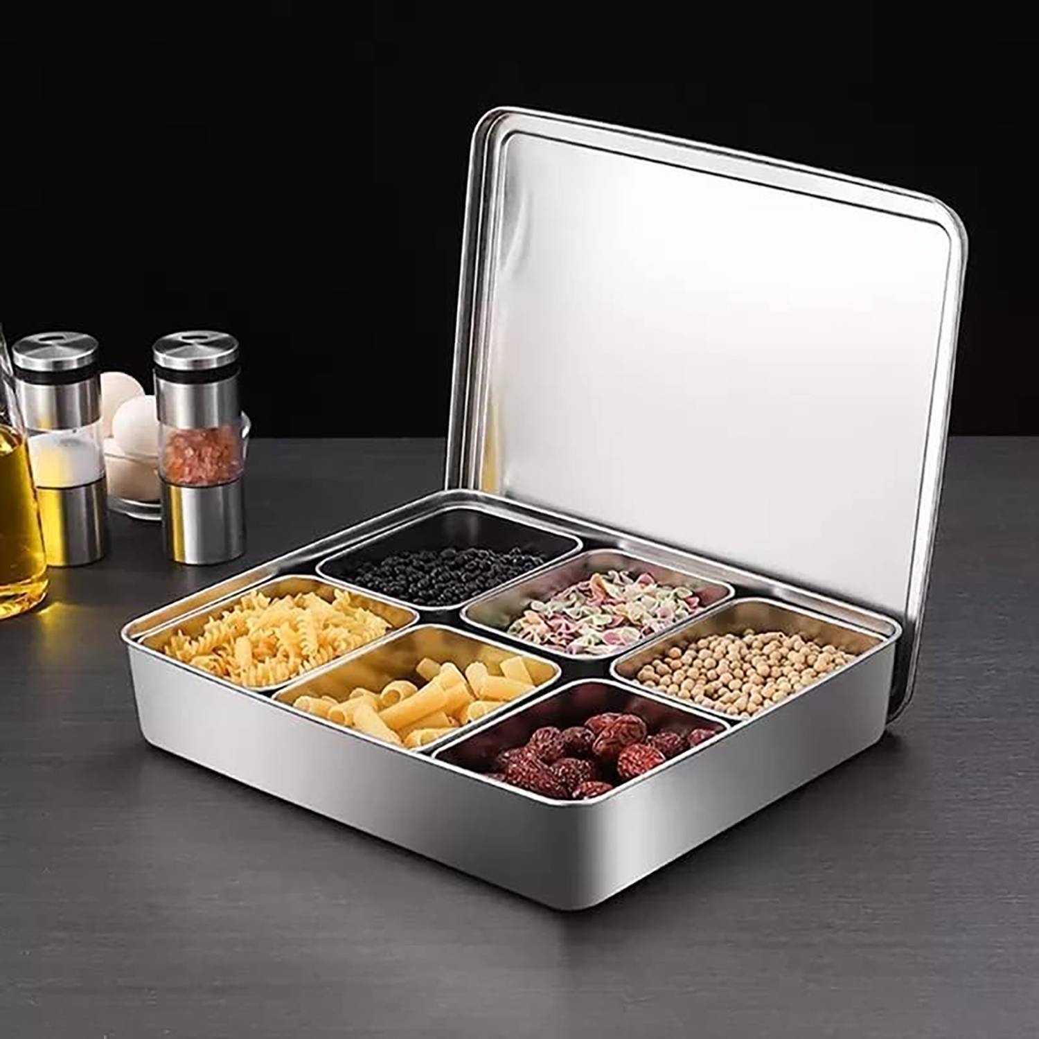 Kitchen Stainless Steel 6-Compartment Spice Organizer Box 6