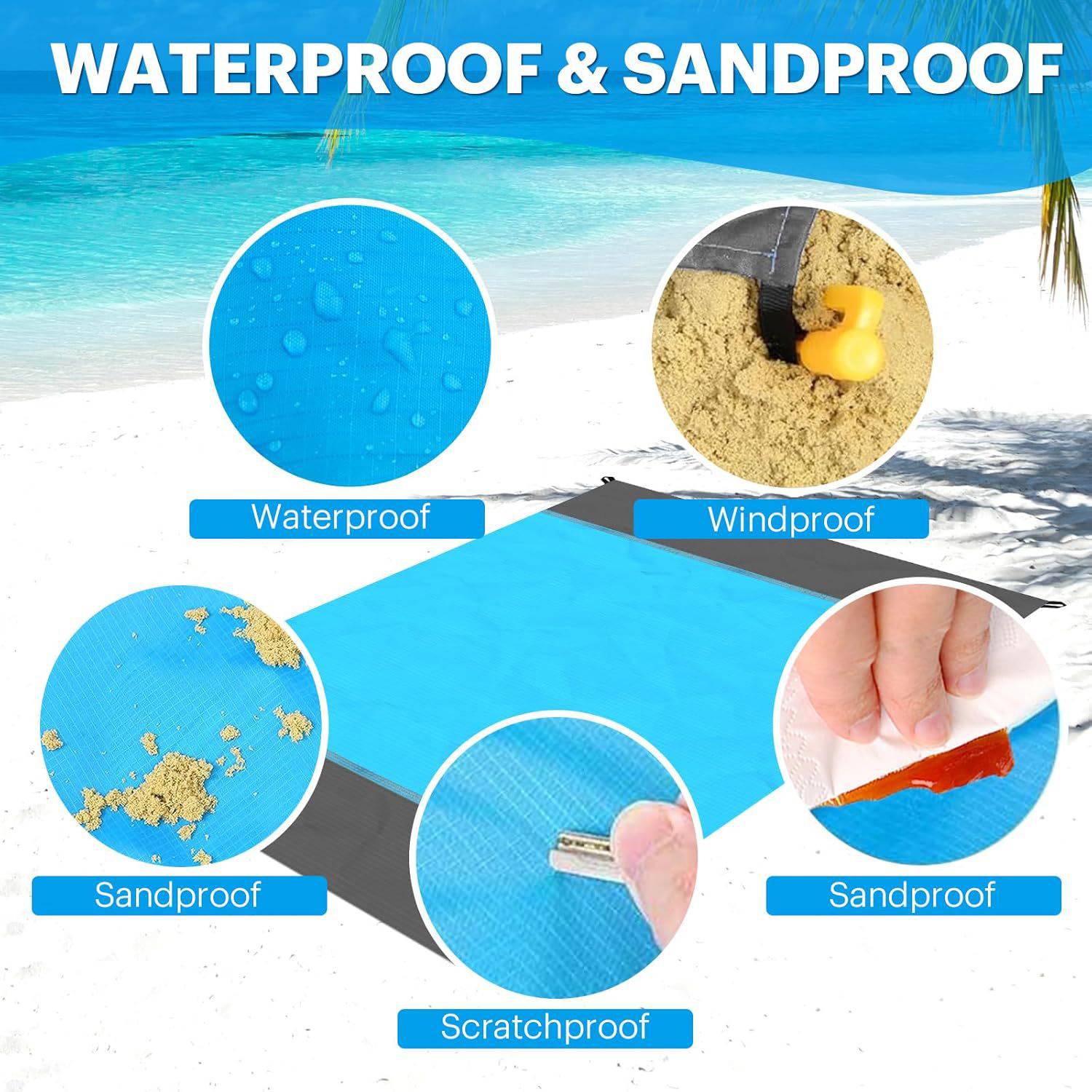 Foldable Waterproof Sandproof Beach Mat w/ 4 Stakes 6