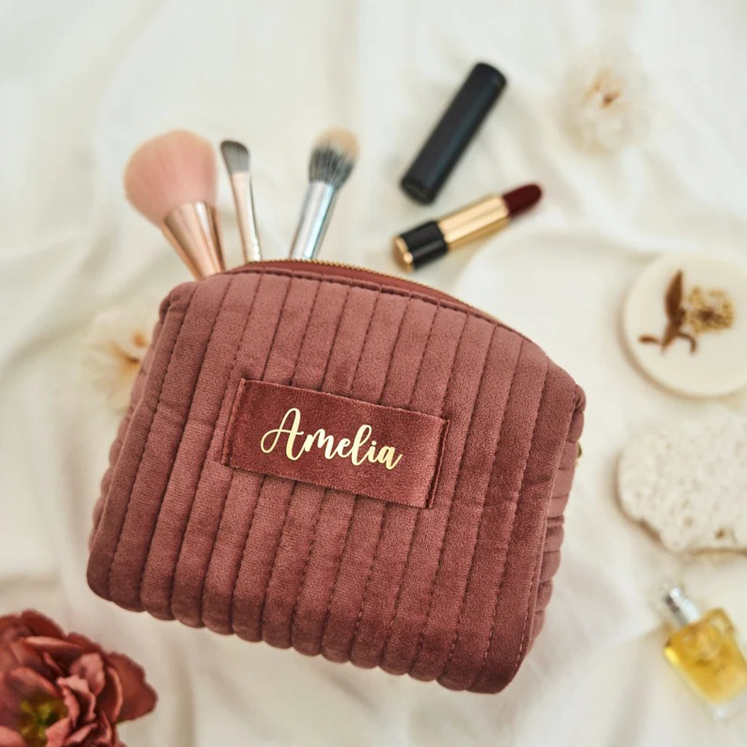 Velvet Travel Toiletry Quilted Makeup Organizer Cosmetic Bag 1