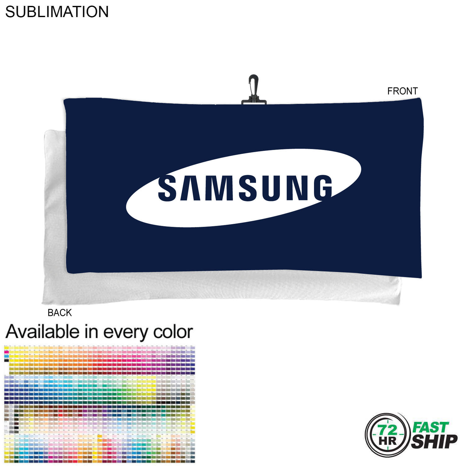 72 Hr Fast Ship - Oversized Golf Towel in Microfiber Terry, 20x40, with Black Hook, Sublimated 5