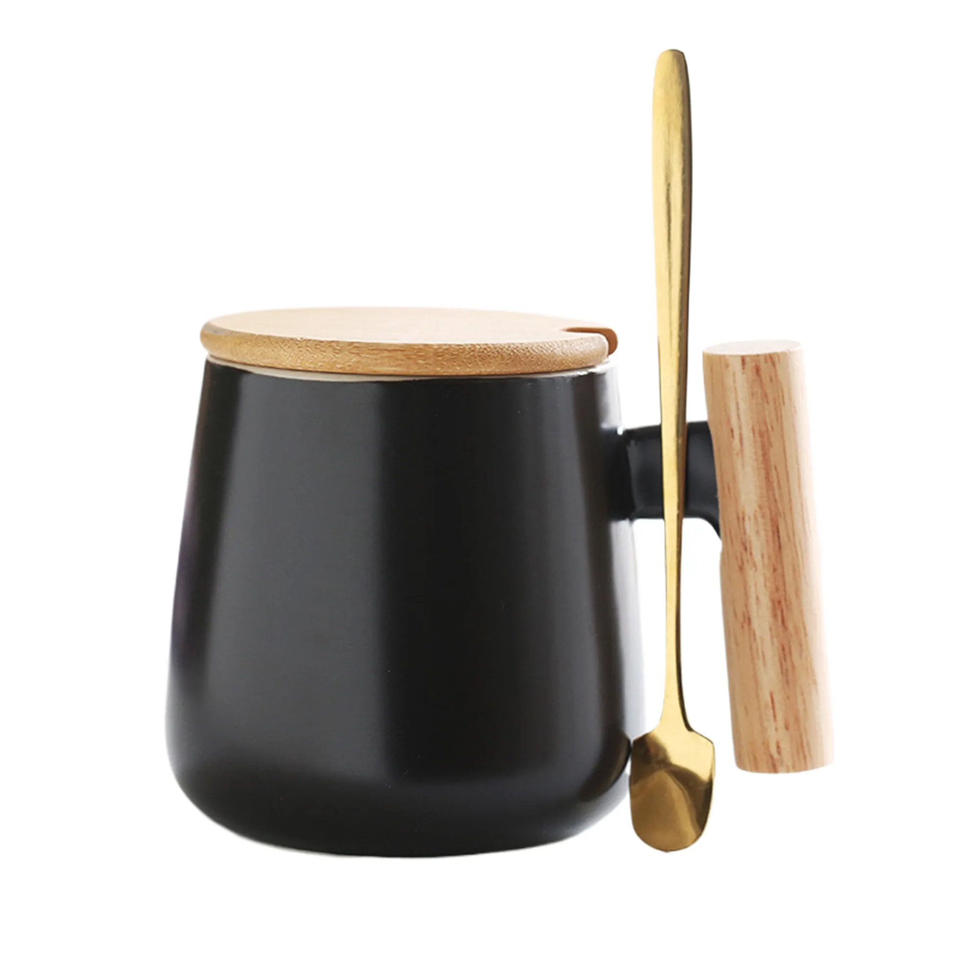 MOQ50 Simple Ceramic Mug with Wooden Handle and Spoon 1