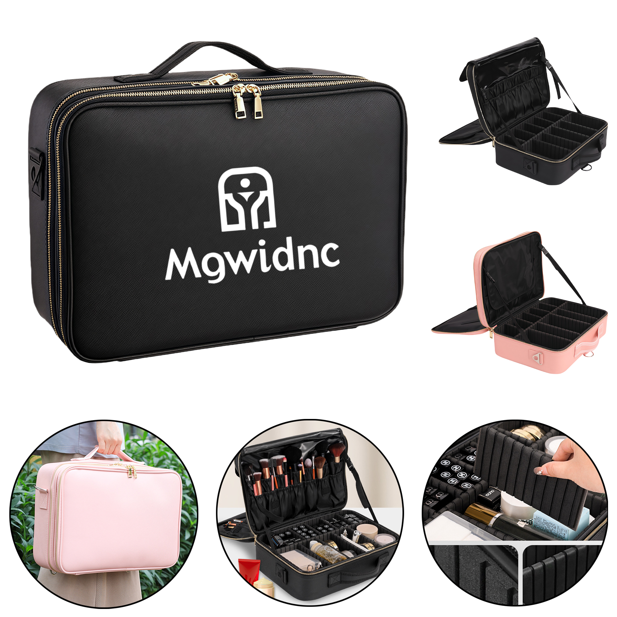 Portable Large Capacity 3-Layer Leather Makeup Bag