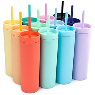 16oz Double-layer Plastic Straight Cup SKINNY Rubber Paint Tumbler / Straw 2