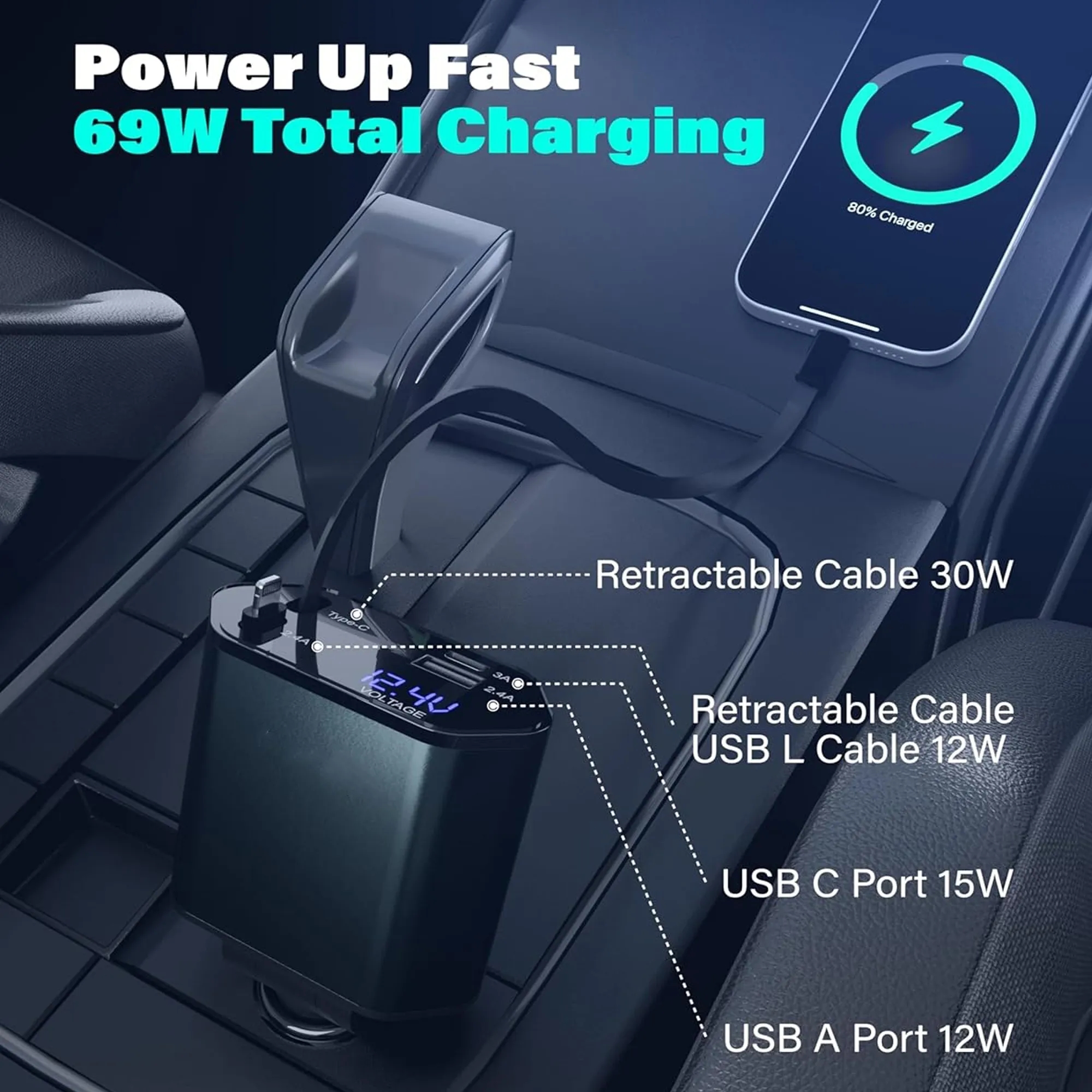 4 in 1 Car Charger With Retractable Cables 6