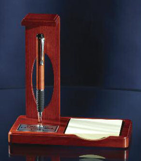 6 3/4" X 6 7/8" Floating Pen Desk Set With Memo Pad In Matte Teakwood Finish With Black Plate 2