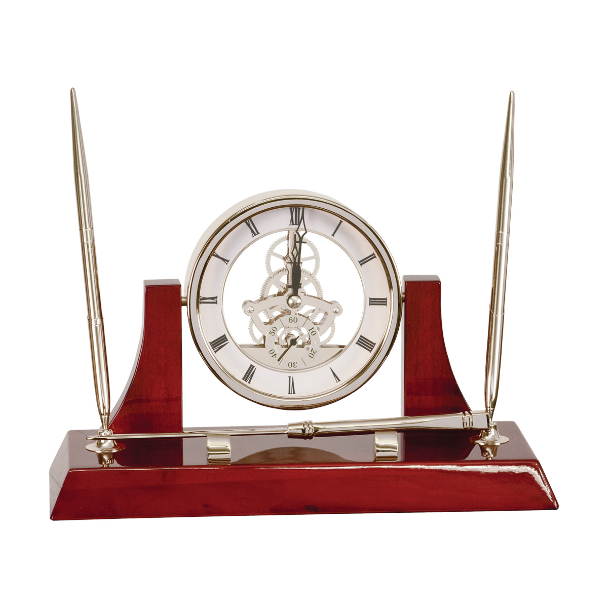 10 1/2" x 6" Executive Silver/Rosewood Piano Finish Clock w/2 Pens/Letter Opener 2