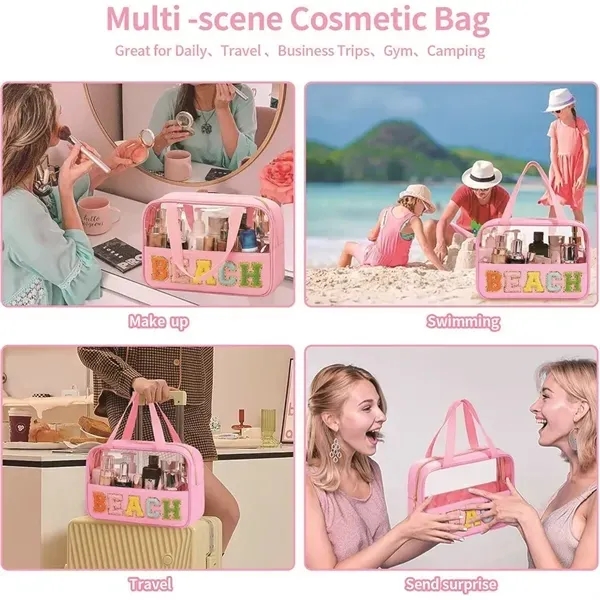 Waterproof Chenille Letter Patch Clear Makeup Bag 4