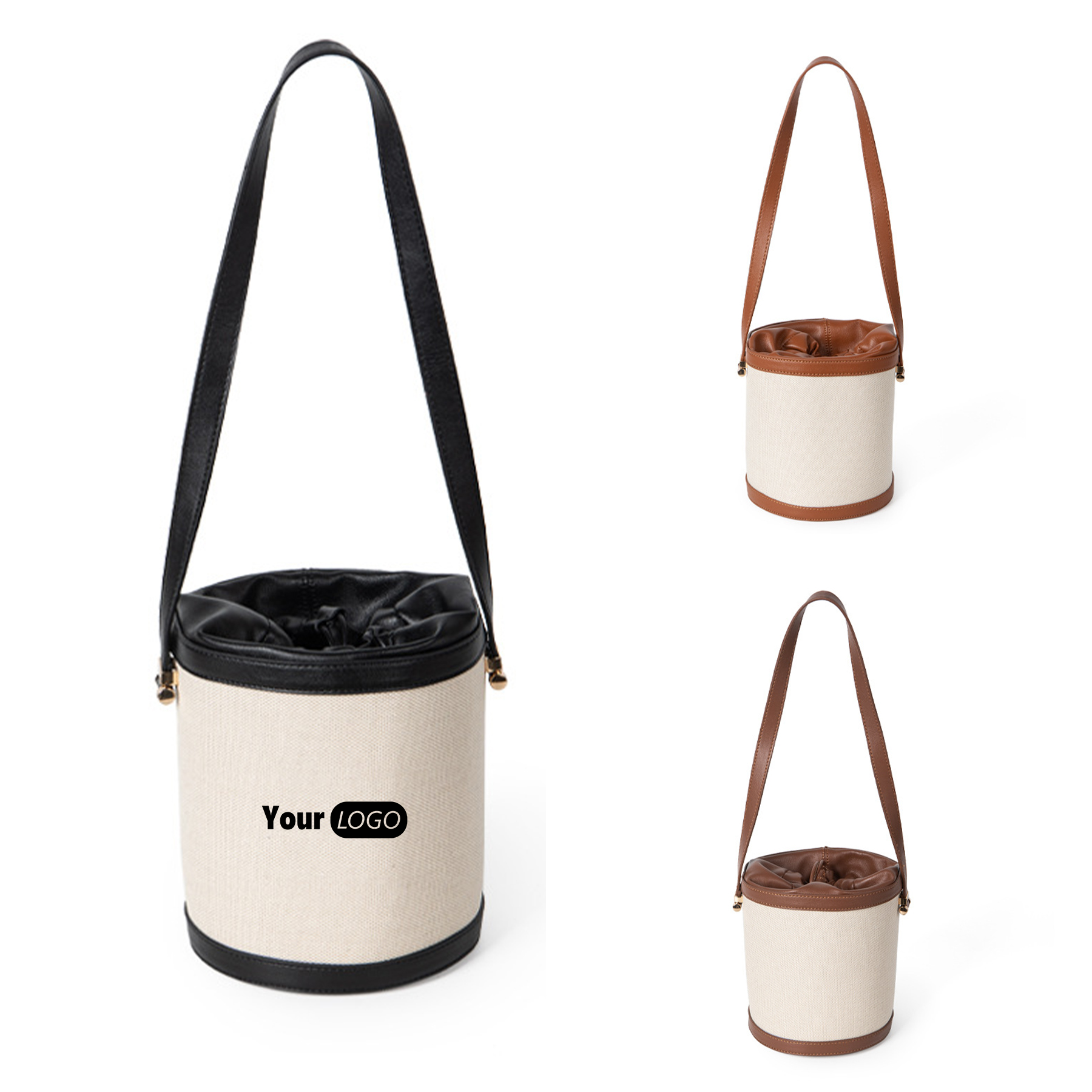 Canvas Contrasting Canvas-Paneled Bucket Shoulder Bag 7