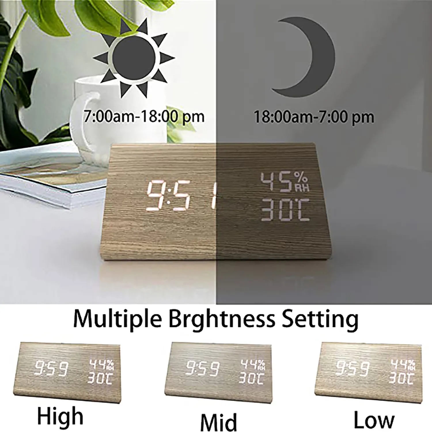 Humidity Temperature Wood Alarm Clock 4