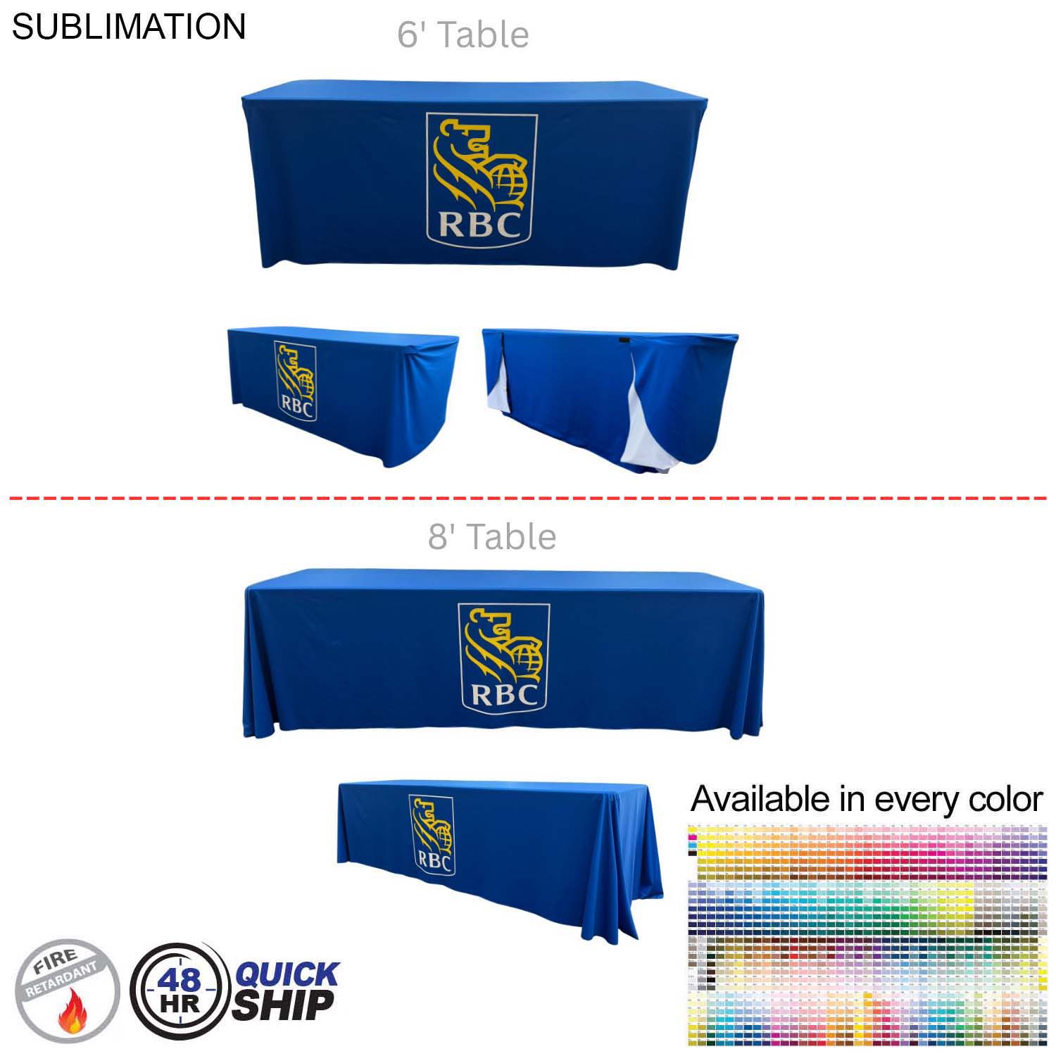 48Hr Quick Ship - Sublimated PREMIUM Convertible Table Cloth, Converts from 8' to 6', Drape style