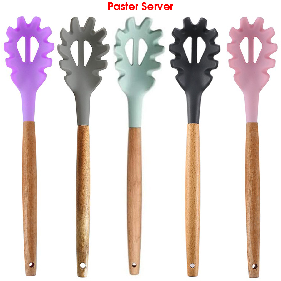 Silicone Cooking or Serving Utensil with Wooden Handle – Sold Individually or as a Set 12