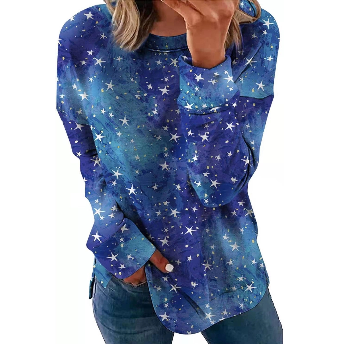 Long Sleeve Round Neck Casual Printed Blouses Tops T Shirts 8