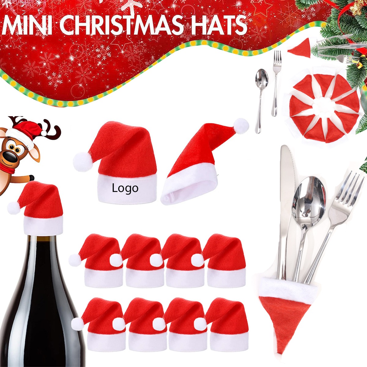 Christmas Wine Bottle Decoration Santa Hat Knife Fork Holder 2