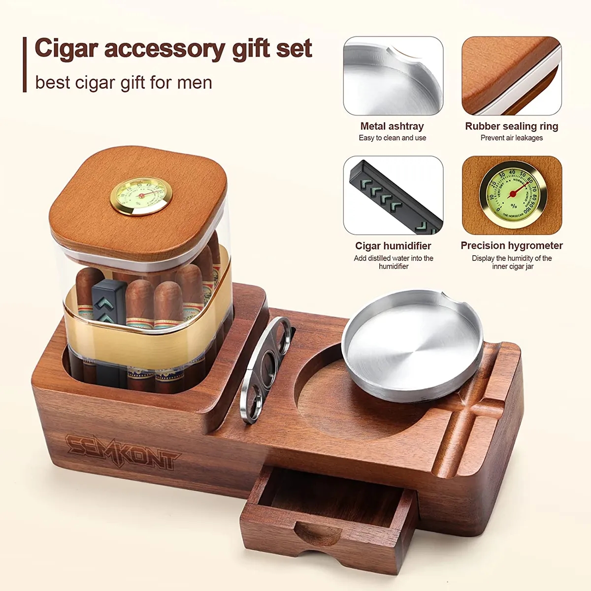 Wooden Cigar Case Humidor Ashtray Set With Cutter Office 5