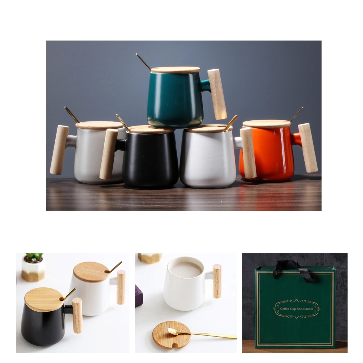12 Oz Ceramic Mug with Wood Lid and Spoon 5