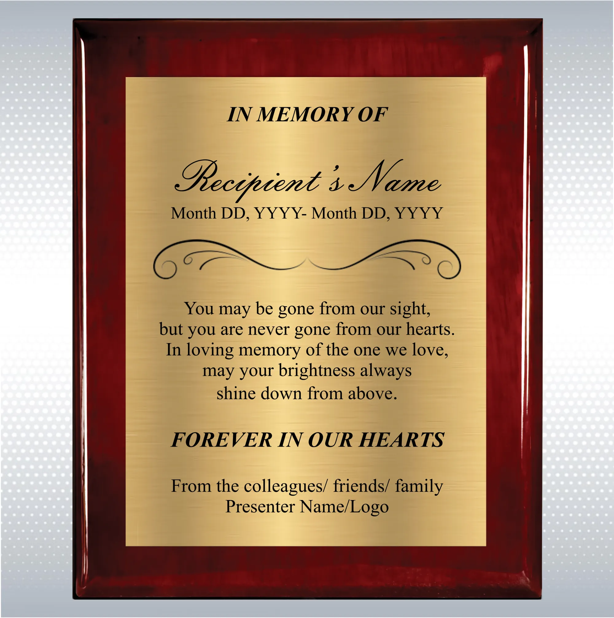 Rosewood Piano Finish Wood Personalized Memorial Plaque Gift 15