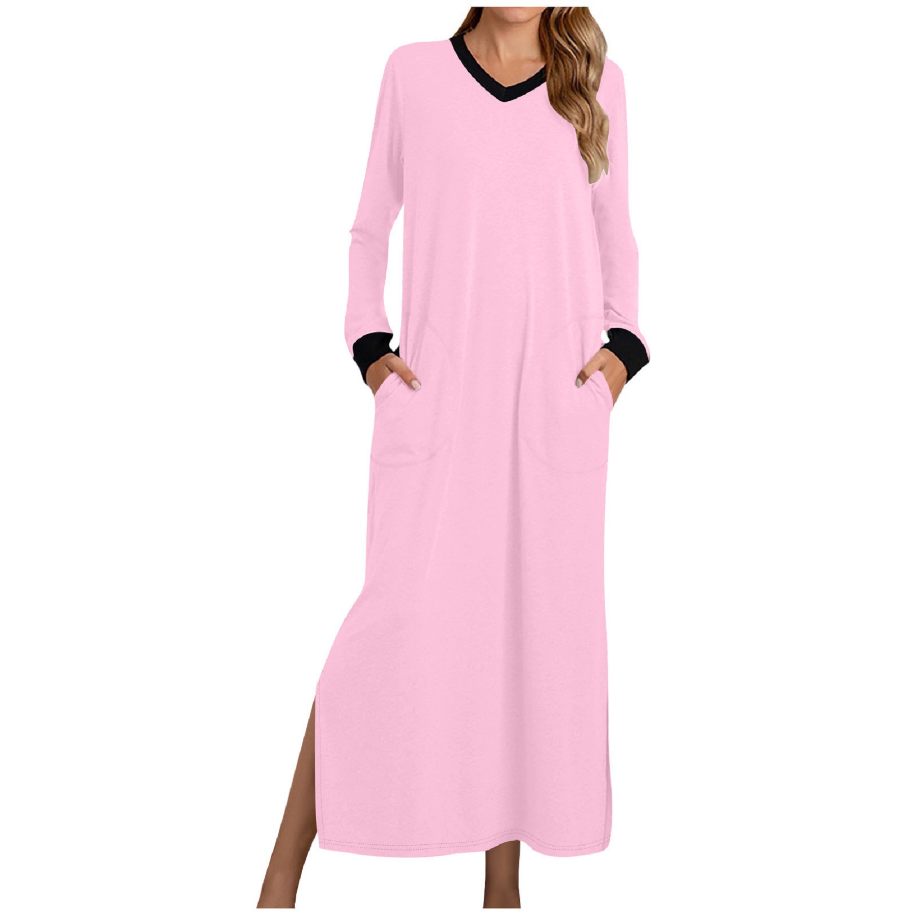 Womens Long Dress V Neck Nightshirts Side Slit 1