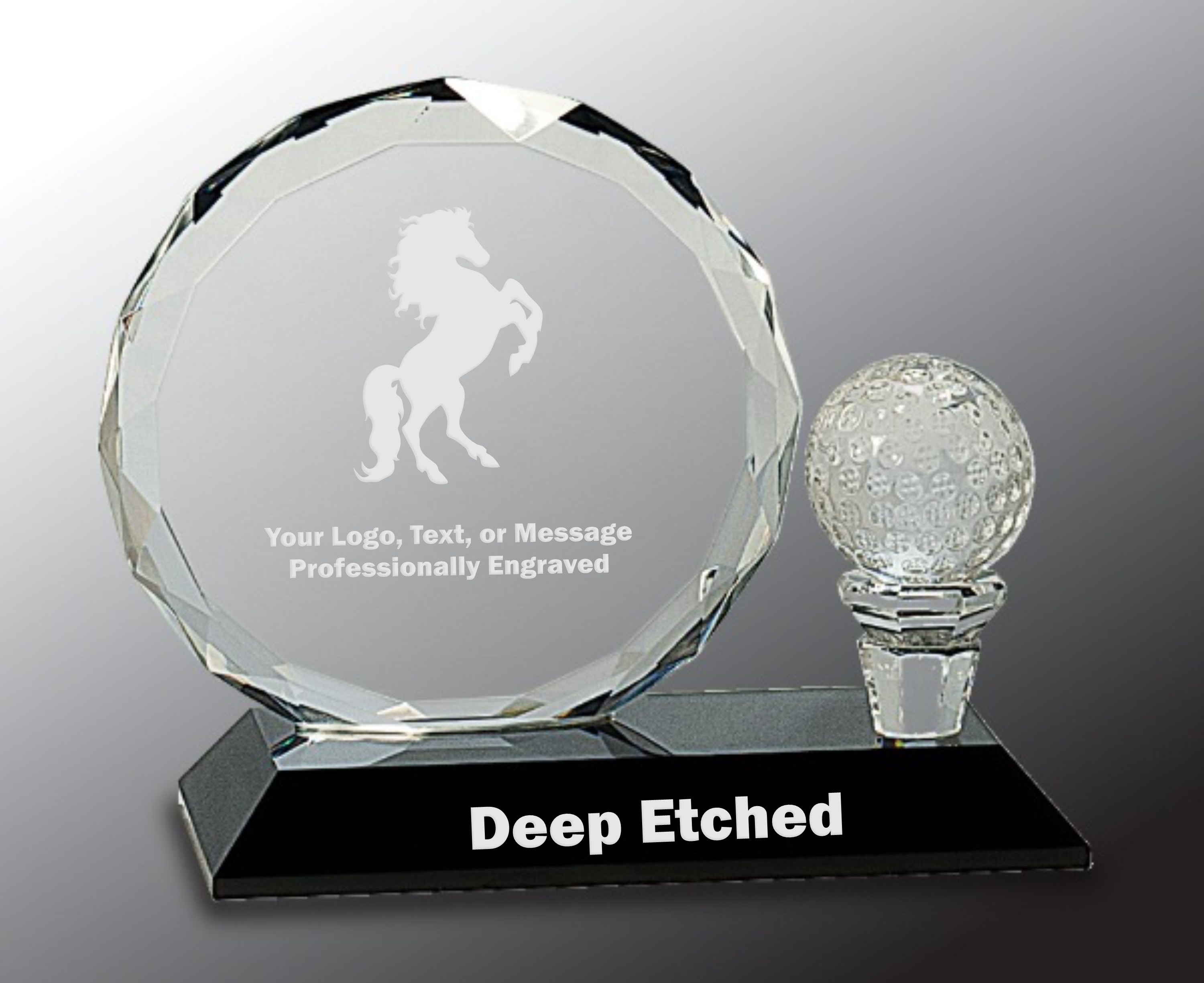 5 1/2" Round Facet Crystal with Golf Ball on Black Pedestal Base Crystal Award