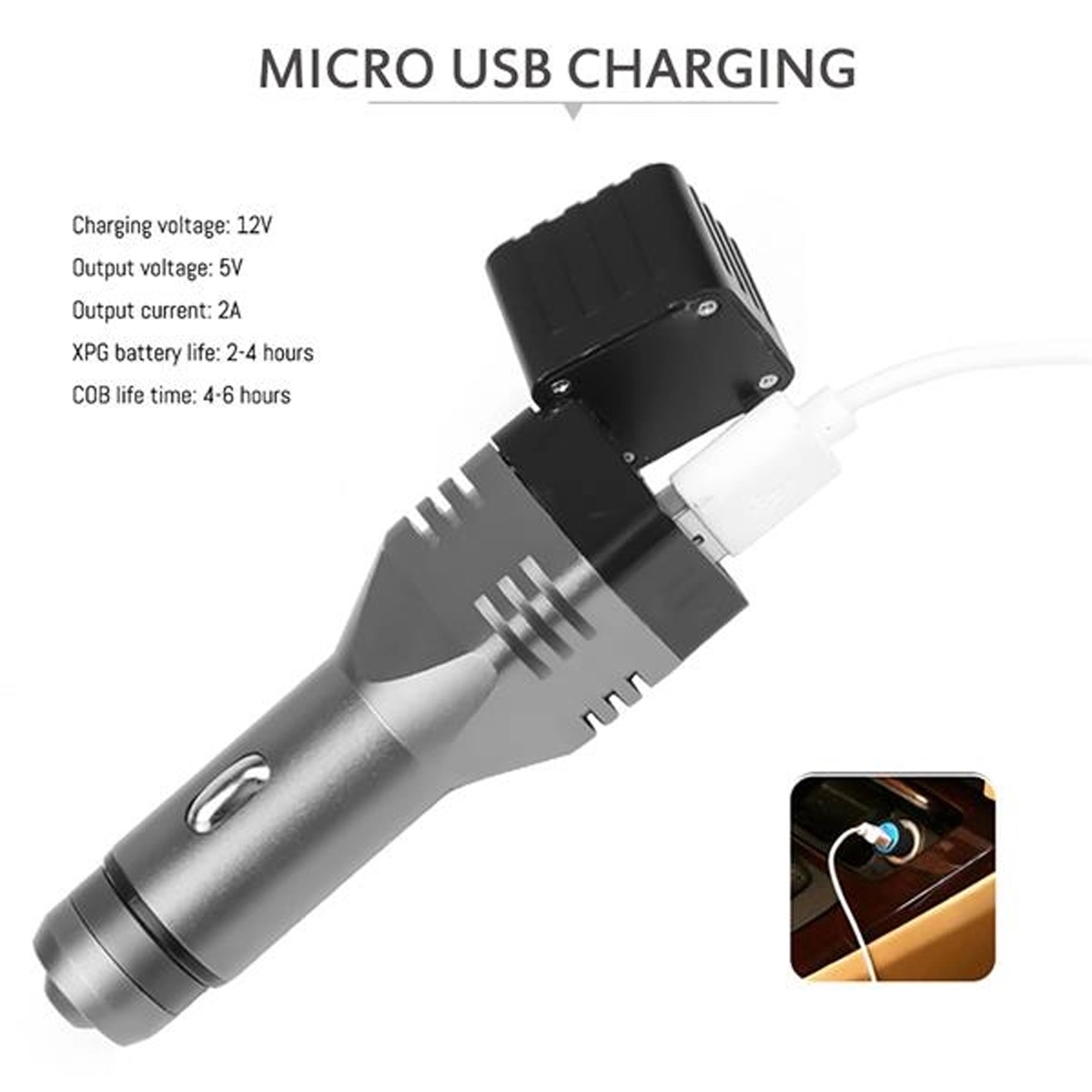 LED Tactical Car Charging Flashlight Torch With Safety Ham 7