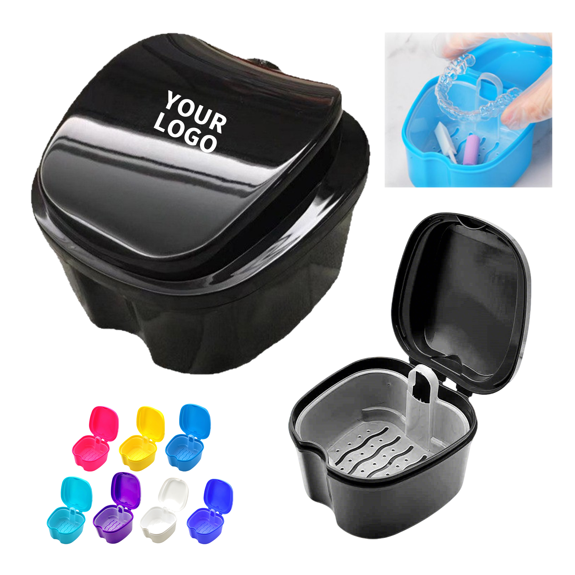 Portable Denture Soak Cup With Lift Out Strainer 3.54" Length X 3.74" Width X 2.56" Heig 1