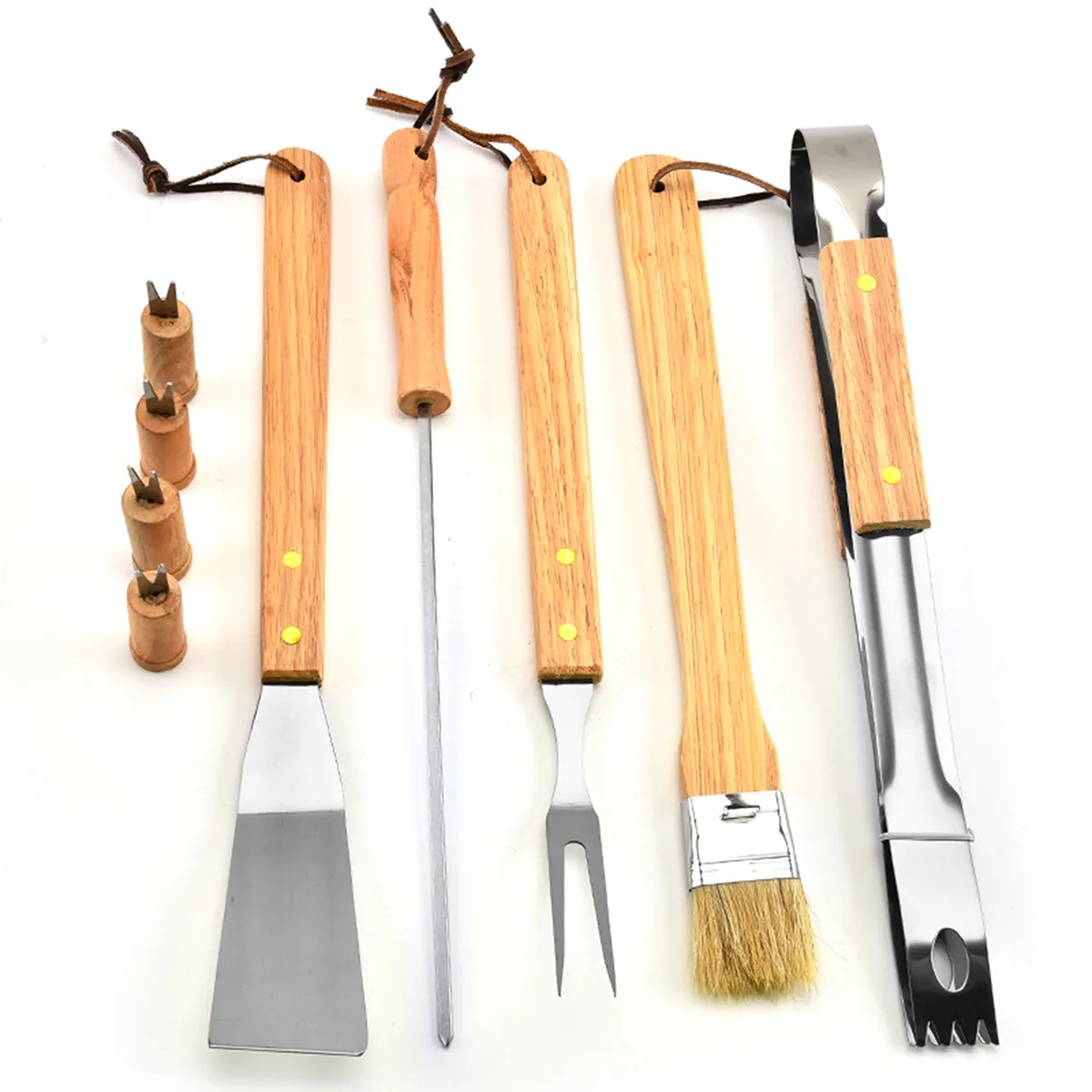Outdoor Picnic Camping Wooden Handle Stainless Steel BBQ Set 5