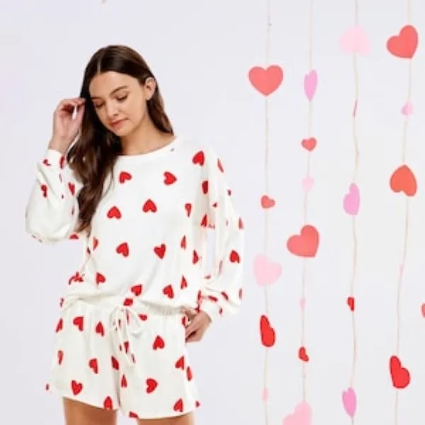 White and Red Heart Print Pajama Set for Women 2