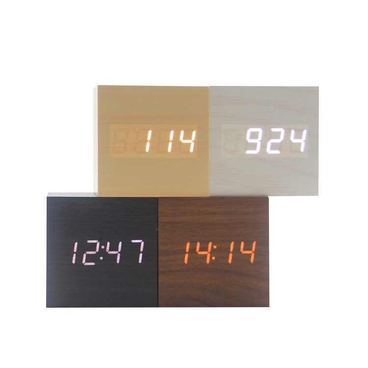 LED Light Wooden Cube Alarm Clock With USB 2
