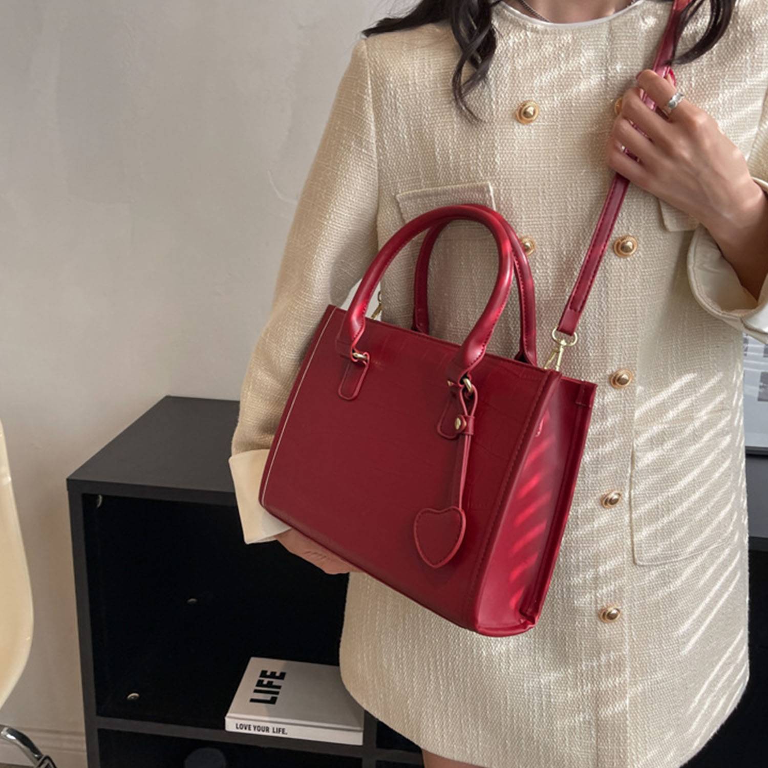 Pu red large capacity crossbody bag 10