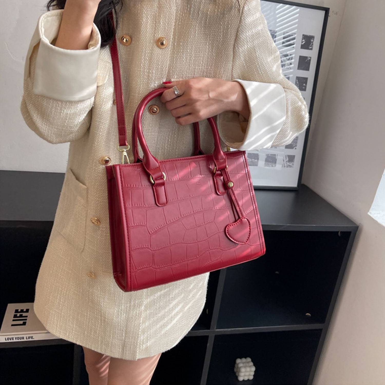 Pu red large capacity crossbody bag 9