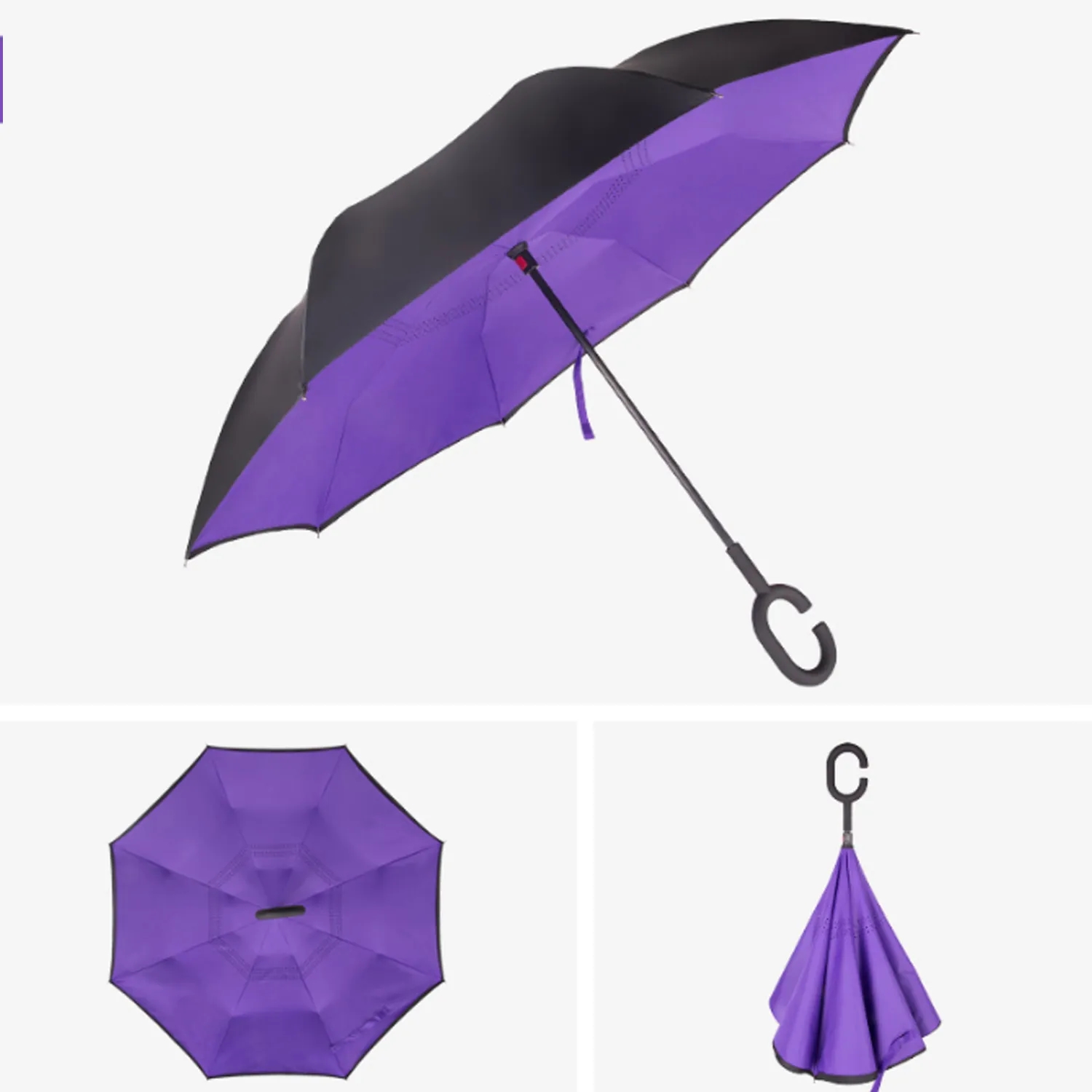 Solid Color Inverted Umbrella with C-Shaped Handle 4