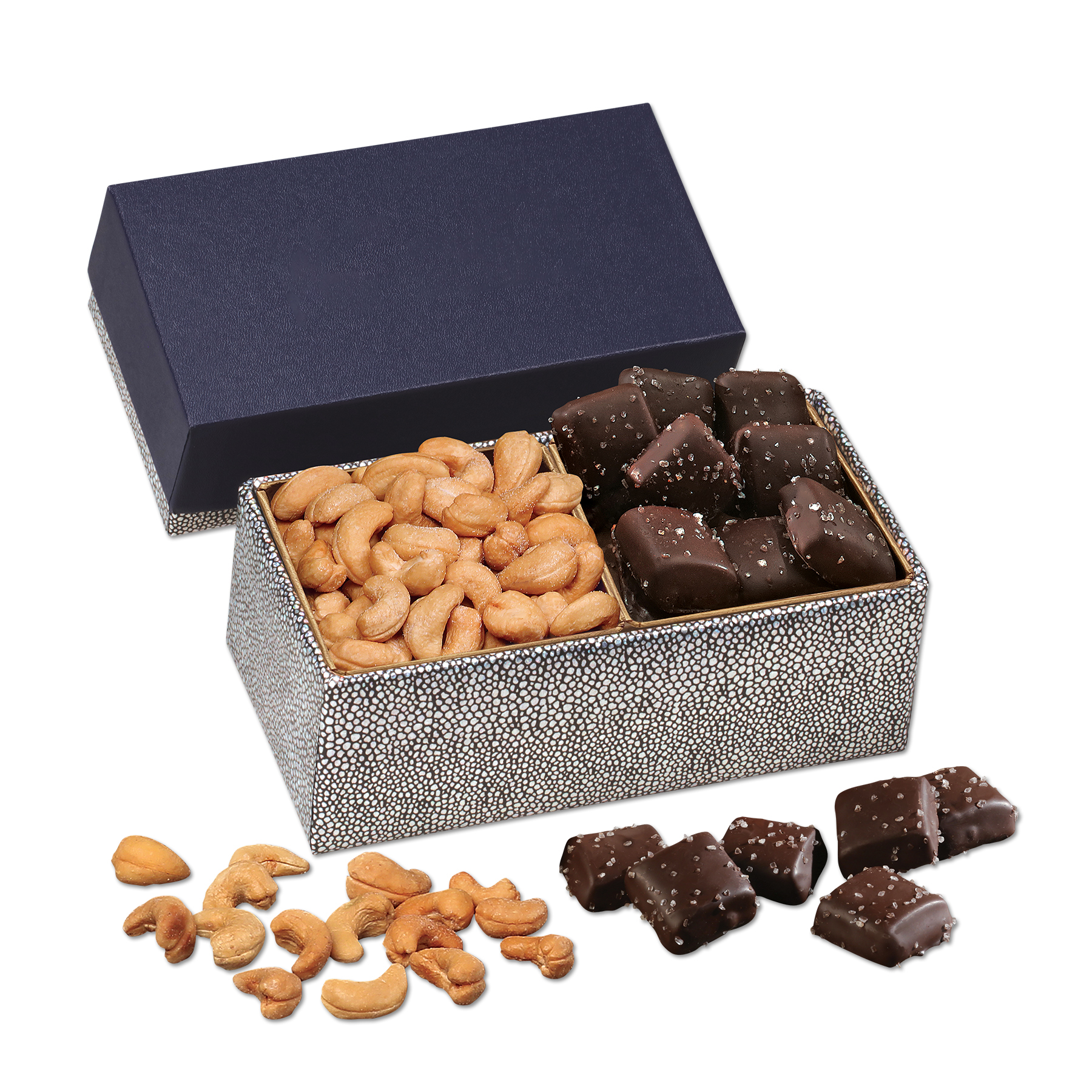 Cashews & Chocolate Sea Salt Caramels in Navy & Silver Gift Box 1