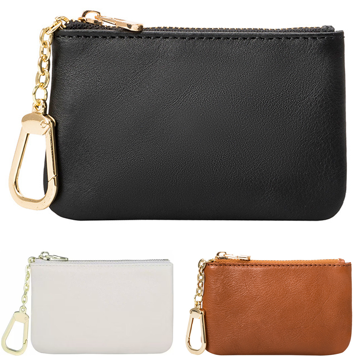 Square Zipper Genuine Leather Coin Purse w/ Keychain 5