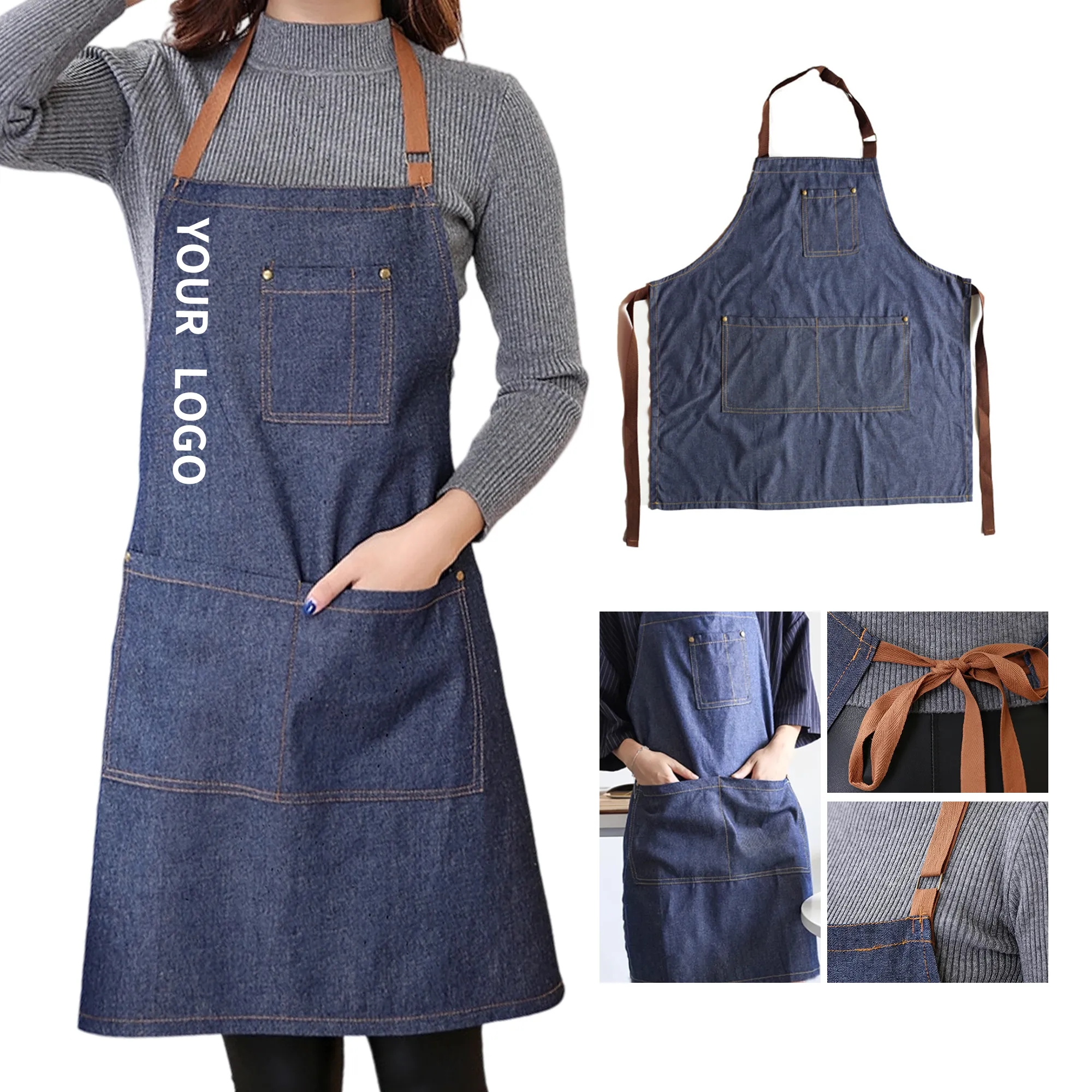 Denim Bib Apron with Pockets 2