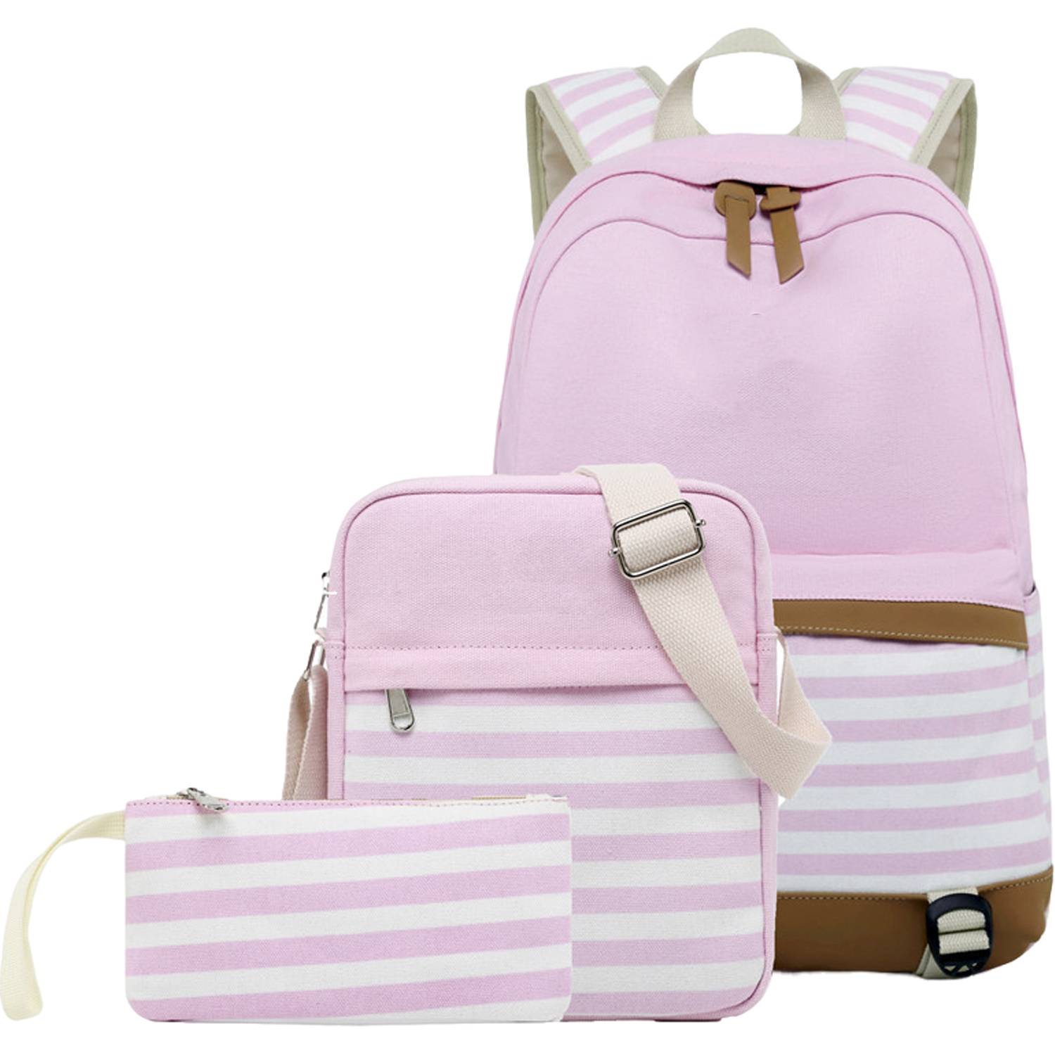 3Pcs Women Lightweight Stripe Canvas Backpack Set 7