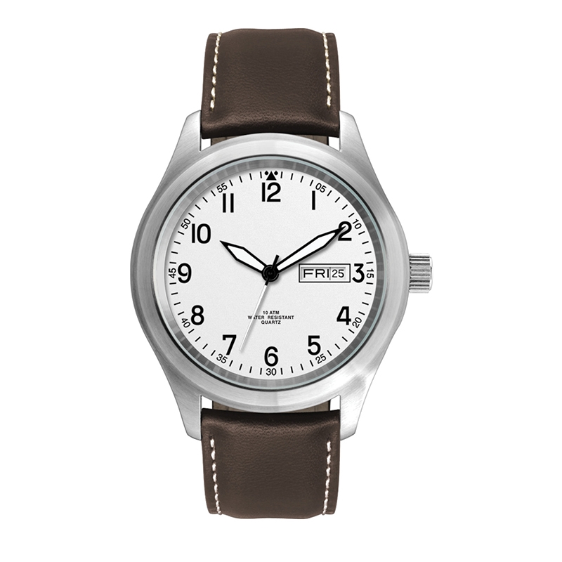 WC8508 44MM STEEL MATTE SILVER CASE, 3 HAND MVMT, WHITE DIAL, DAY/DATE DISPLAY, LEATHER STRAP, FLAT MINERAL 1
