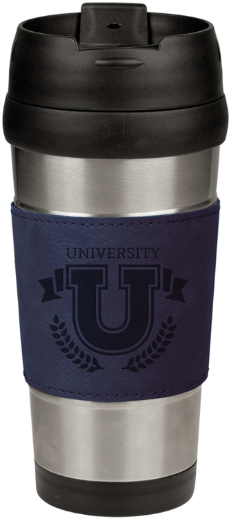 16 oz. Laser Engraved Stainless Steel Travel Mug With Blue Leatherette Grip 2