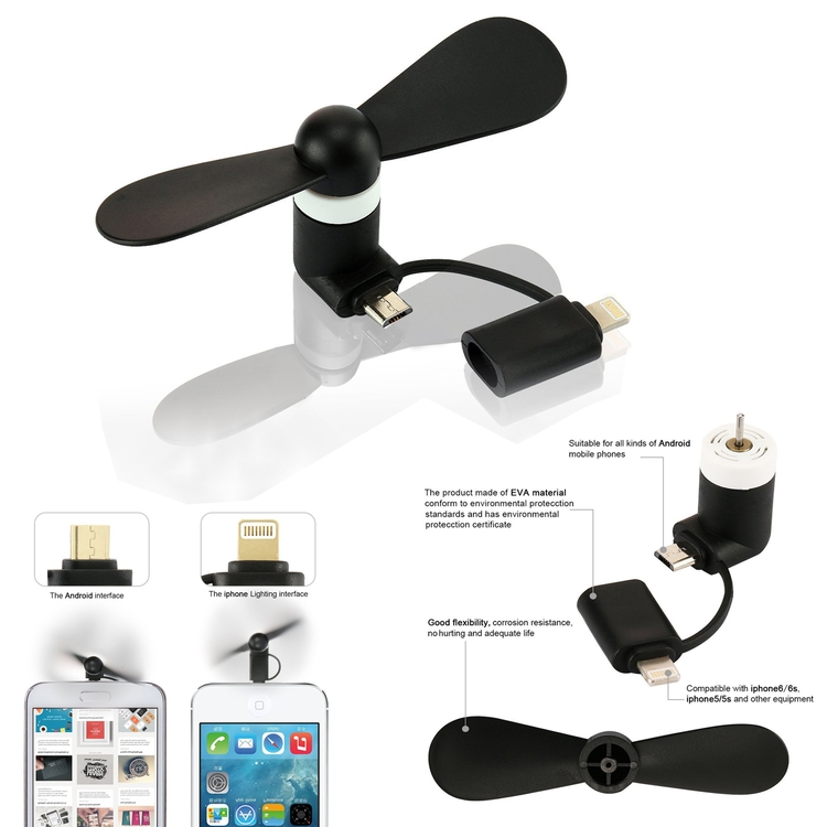 SM00042 - Black 2 in 1 Portable Micro USB iPhone Port Electric Fan Cooling For Apple and Android Pho