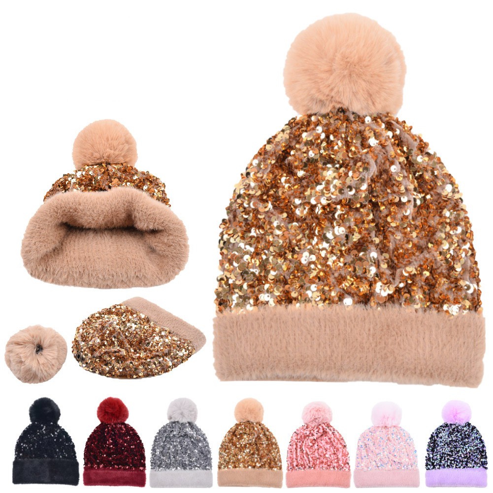 Warmth Hairball Ornament Detachable With Sequin Knitted Hats 1