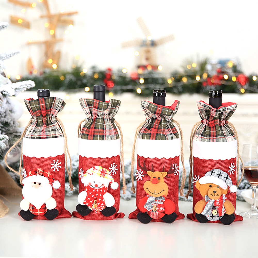 Christmas Wine Bottle Doll Plaid Drawstring Bag 2