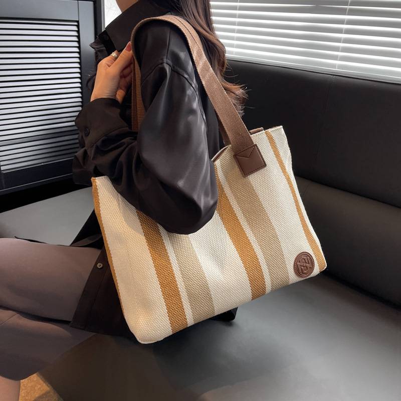 Striped Canvas Tote Bag W/ Large Capacity 6