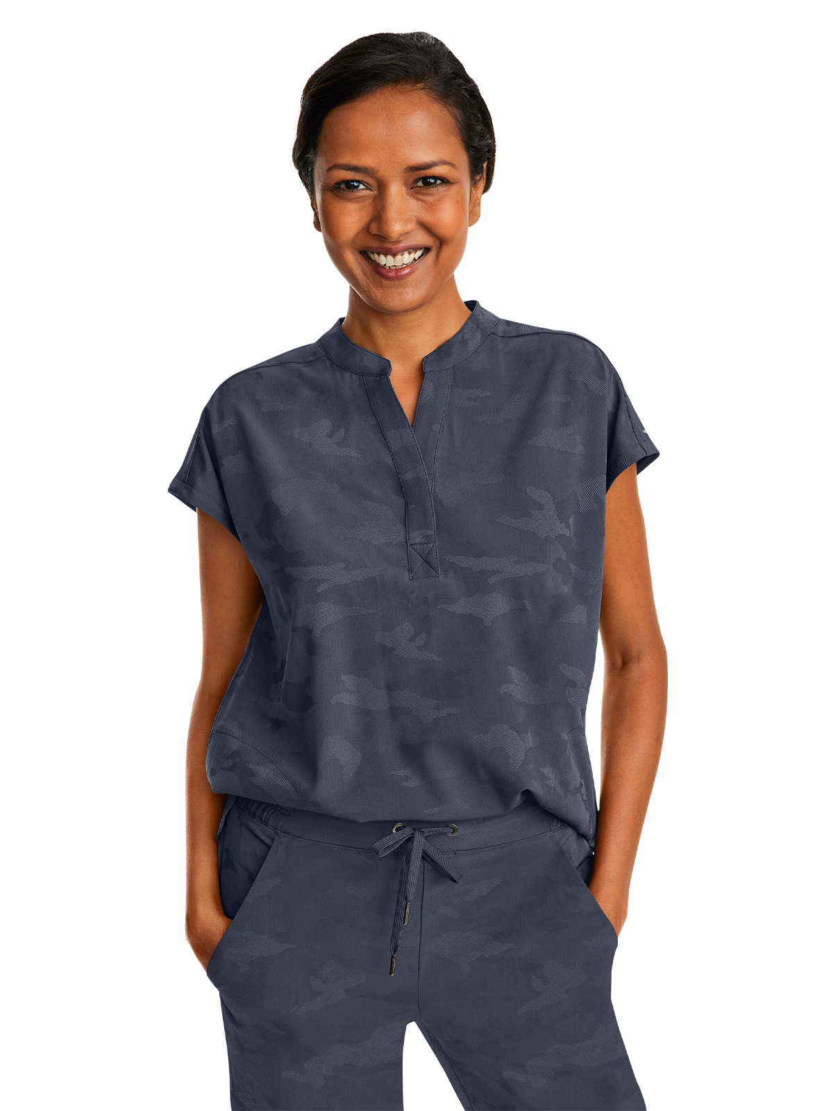 Healing Hands - HH PL Jacquard - Women's 2-Pocket Journey Camo Mandarin Style Top 14