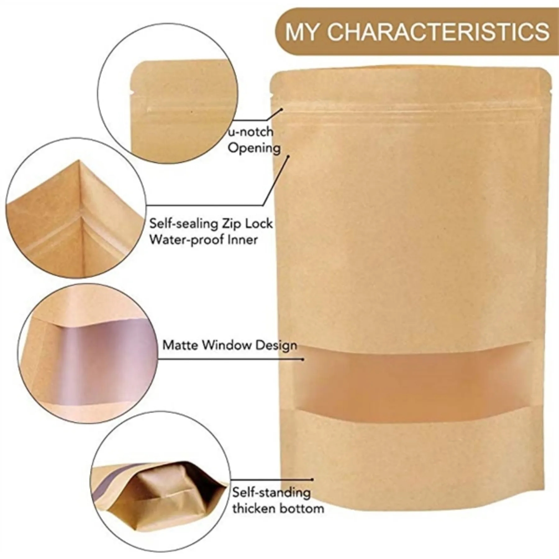 3.5" x 5.5" Kraft Paper Stand Up Zip Lock Food Storage Bags 3