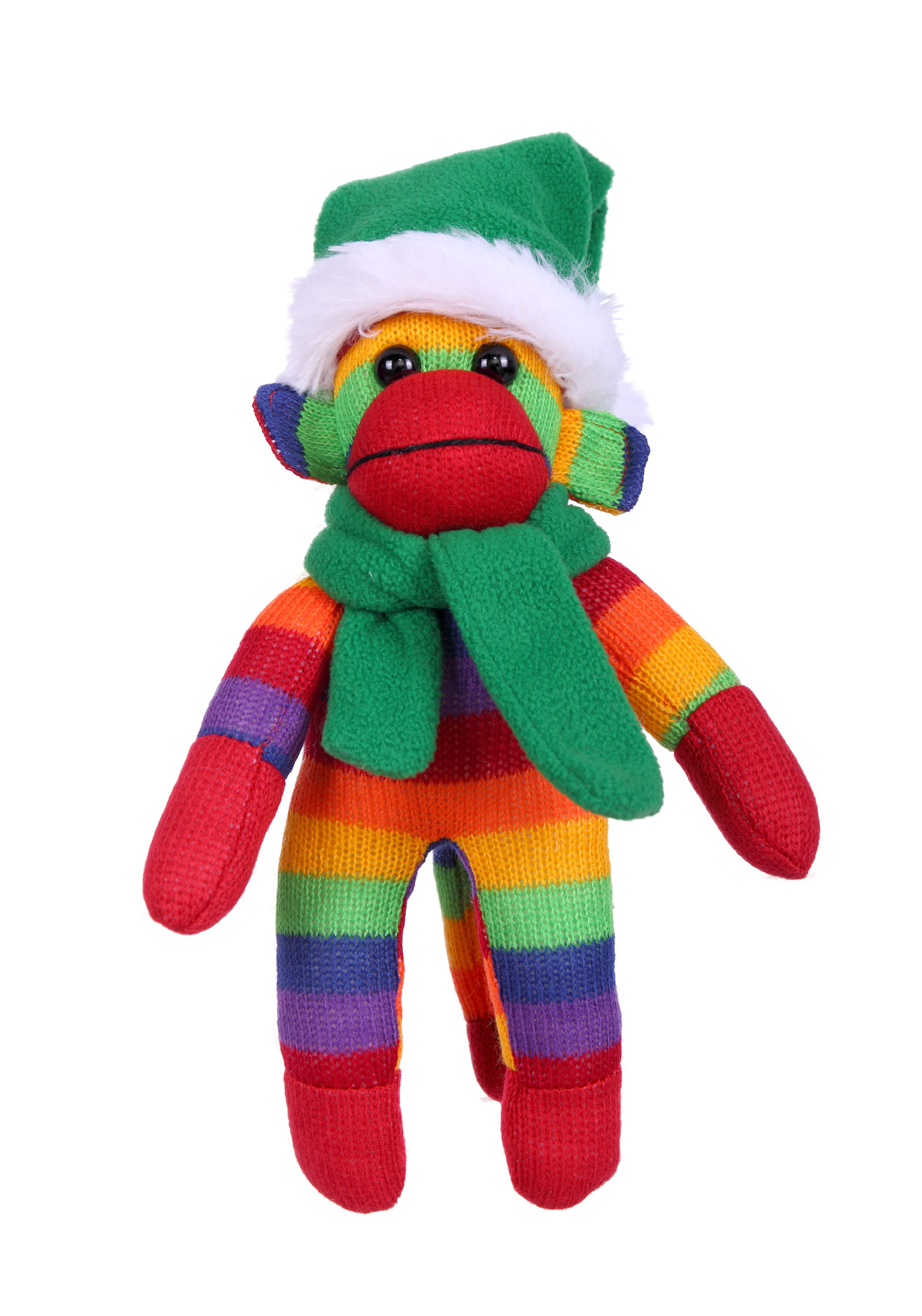 Rainbow Sock Monkey (Plush) with Christmas Hat and Scarf