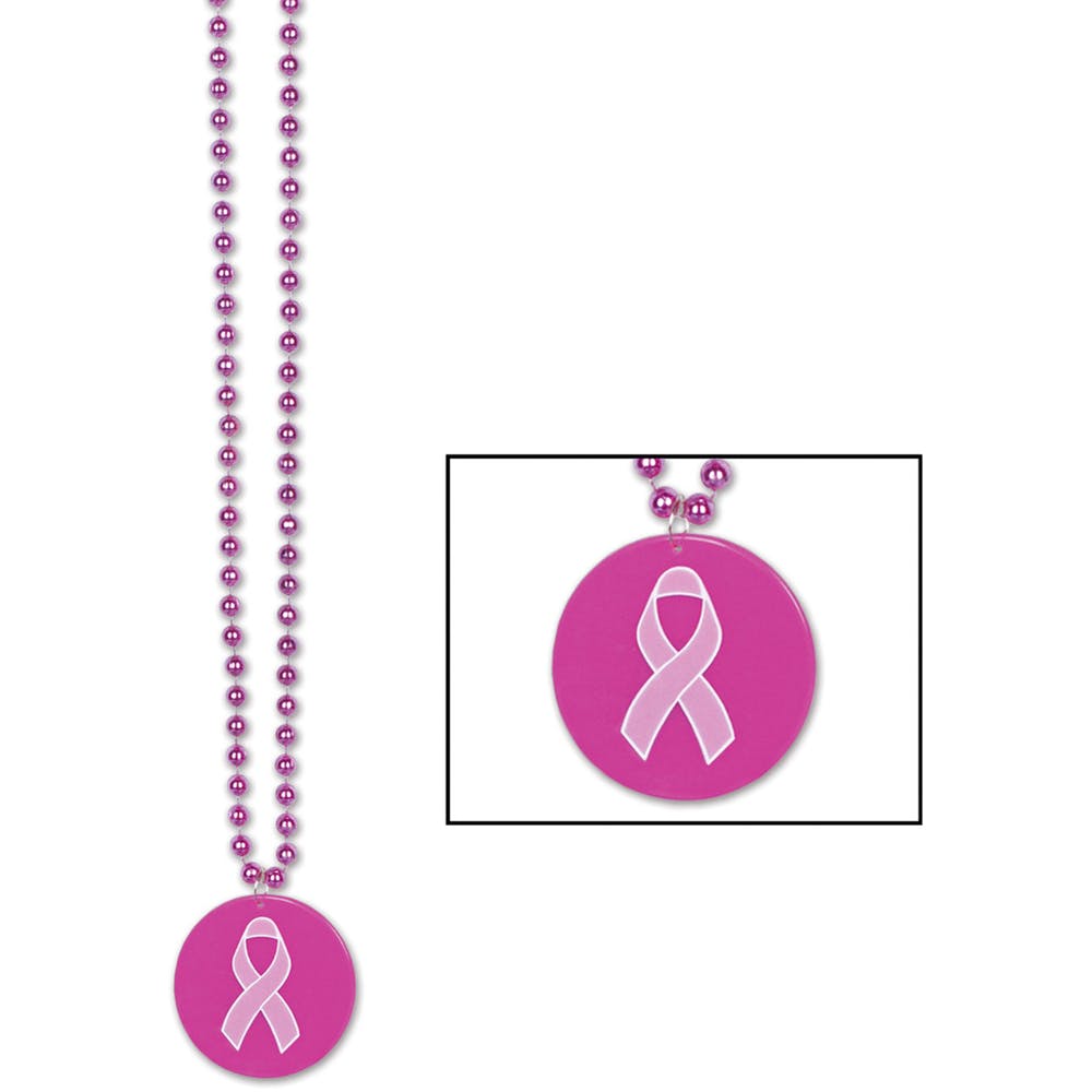 Pink Ribbon Breast Cancer Awareness Beaded Necklaces - 33" 1