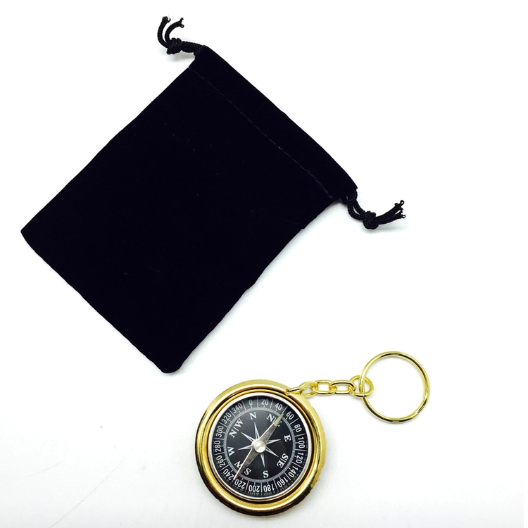 vintage Brass Compass Keychain in velveteen pouch 1