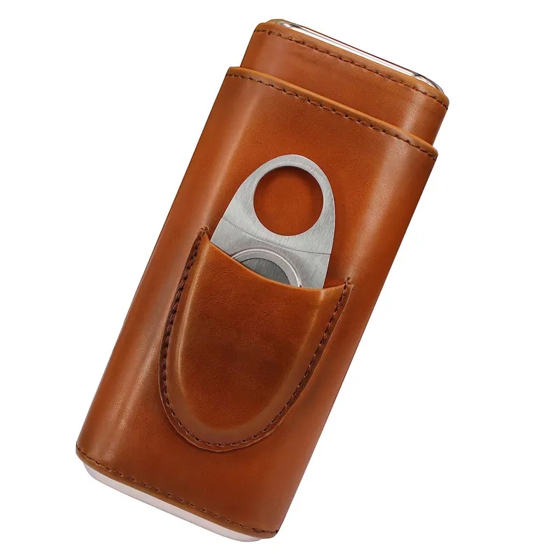 3- Finger Brown Leather Cigar Case with Cutter 2